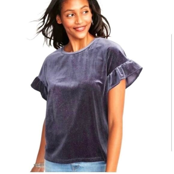 Womens Old Navy Luxe Shimmer Ruffle Glitter Velvet Ruffle Sleeve Top - Sz M - Picture 1 of 4